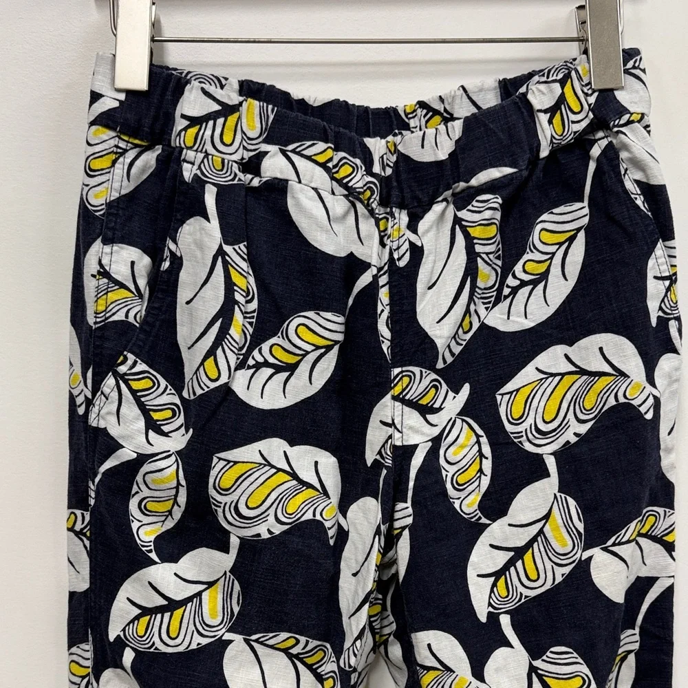J.Crew Seaside pant in a navy blue, white, and yellow leaf print linen blend 2